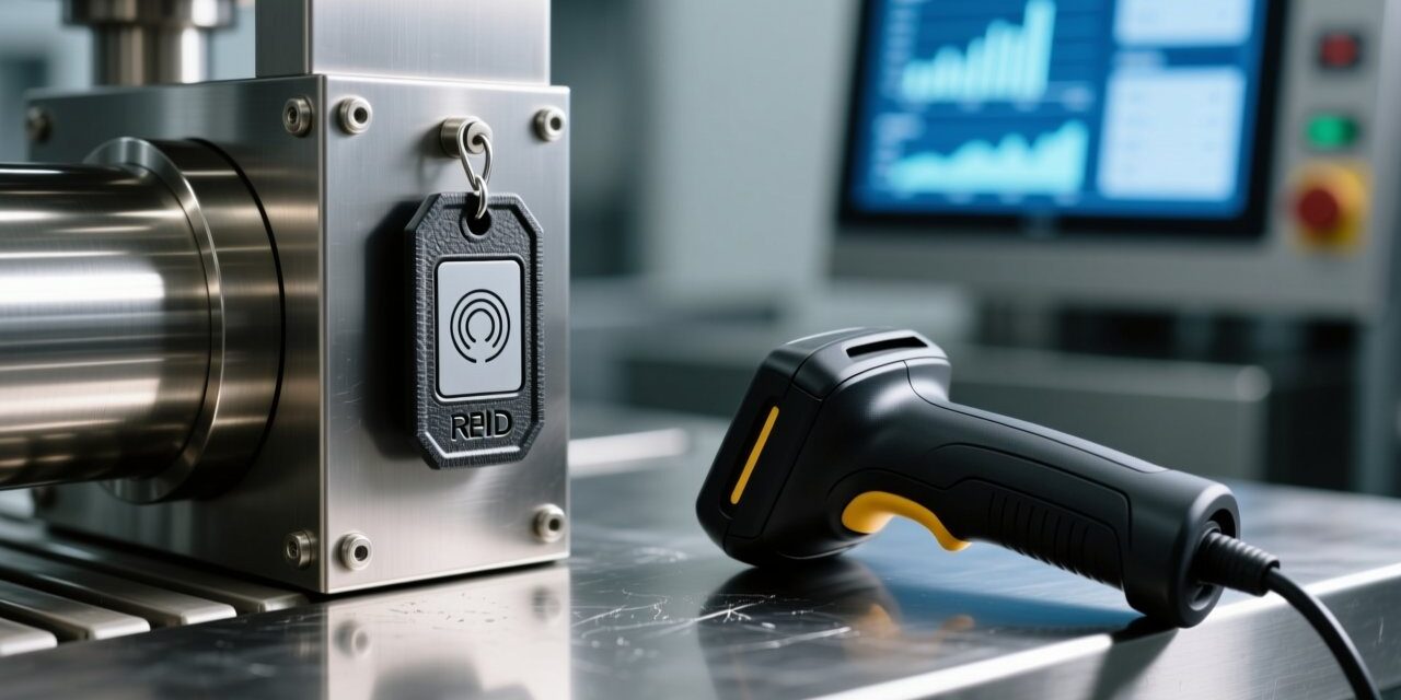 Industrial food processing facility with stainless-steel conveyor system, RFID tags mounted on metal components, handheld RFID scanner in foreground, clean modern lighting