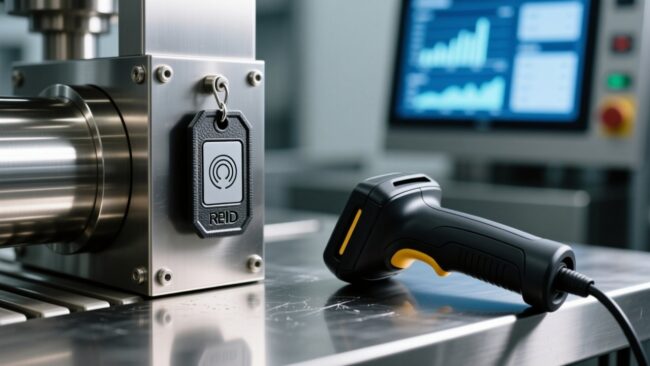 Industrial food processing facility with stainless-steel conveyor system, RFID tags mounted on metal components, handheld RFID scanner in foreground, clean modern lighting
