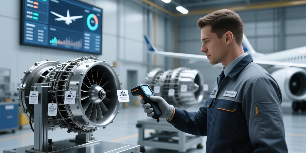 Professional industrial scene showing RFID metal tags on aircraft engine components, handheld RFID scanner, and digital dashboard displaying MRO tracking data