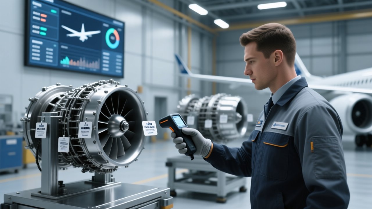 Professional industrial scene showing RFID metal tags on aircraft engine components, handheld RFID scanner, and digital dashboard displaying MRO tracking data