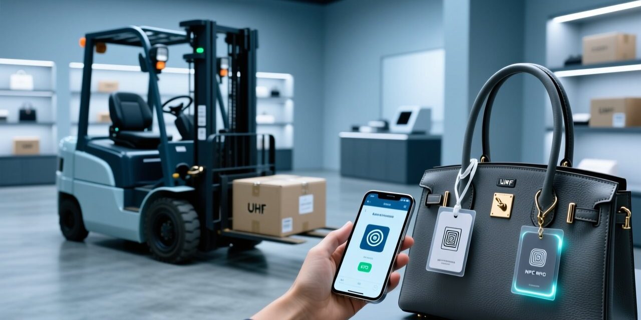 Professional warehouse scene showing RFID authentication in action: UHF reader scanning luxury goods cartons, NFC-enabled smartphone verifying product tag, clean industrial lighting