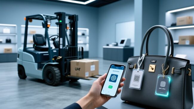 Professional warehouse scene showing RFID authentication in action: UHF reader scanning luxury goods cartons, NFC-enabled smartphone verifying product tag, clean industrial lighting