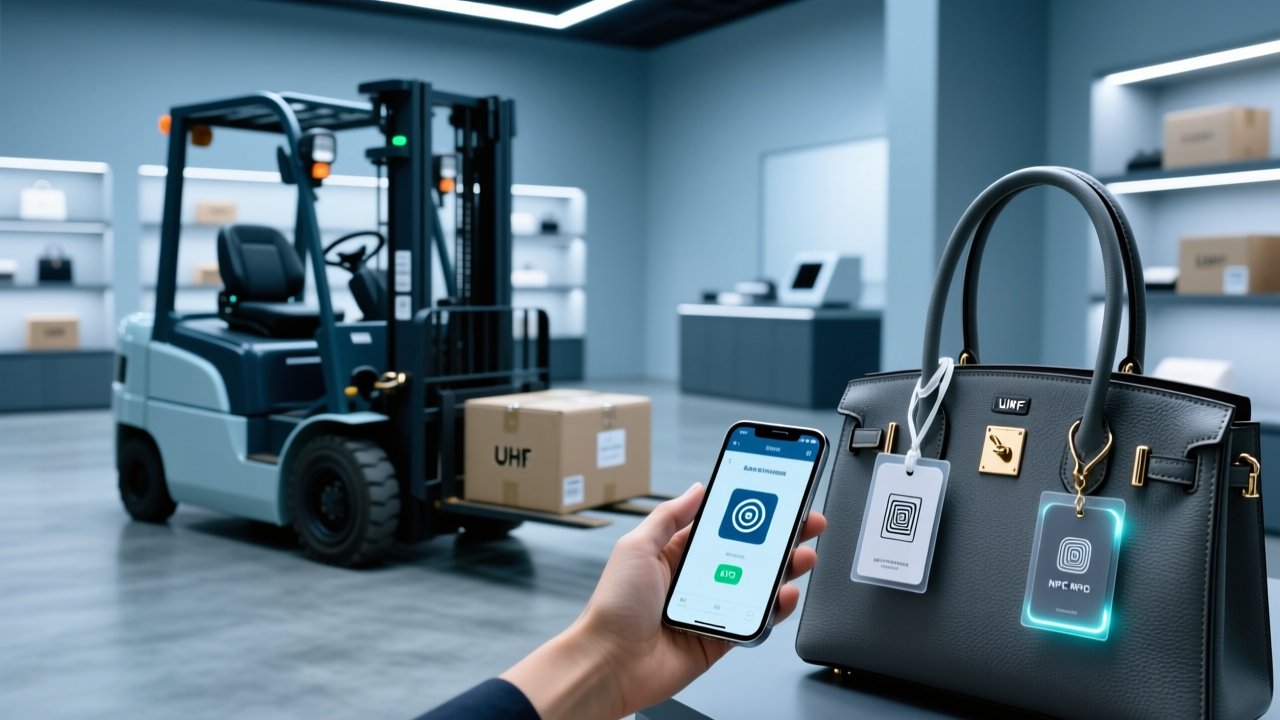 Professional warehouse scene showing RFID authentication in action: UHF reader scanning luxury goods cartons, NFC-enabled smartphone verifying product tag, clean industrial lighting
