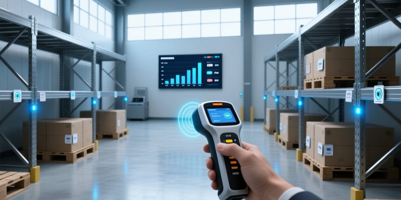 Professional RFID handheld reader scanning UHF RFID tags in a modern warehouse environment with clean shelving and digital dashboard
