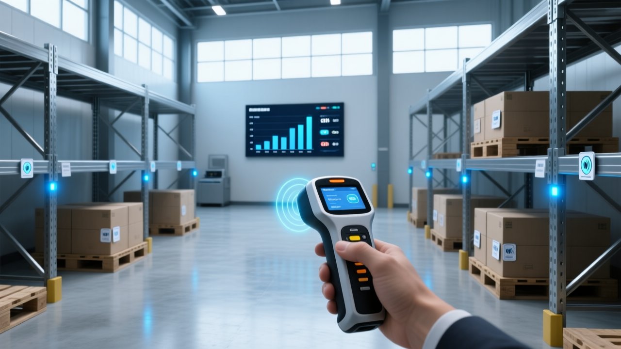 Professional RFID handheld reader scanning UHF RFID tags in a modern warehouse environment with clean shelving and digital dashboard