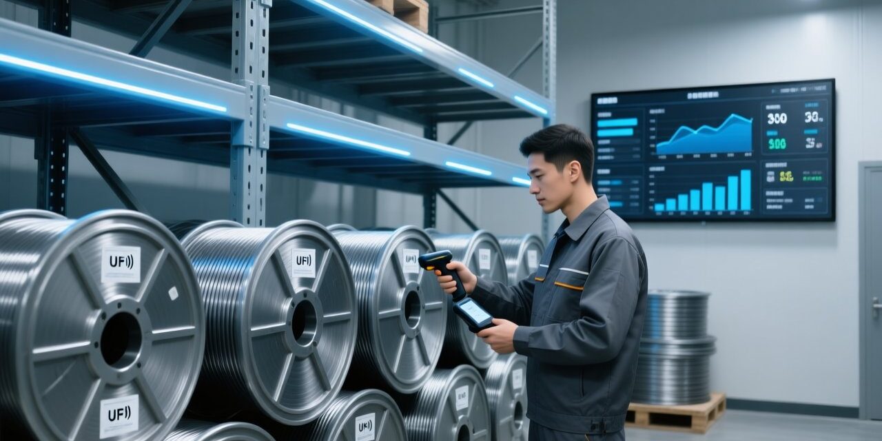 Professional warehouse scene showing RFID-tagged cable reels on metal shelving, handheld RFID scanner in use, and digital inventory dashboard display