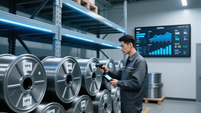 Professional warehouse scene showing RFID-tagged cable reels on metal shelving, handheld RFID scanner in use, and digital inventory dashboard display