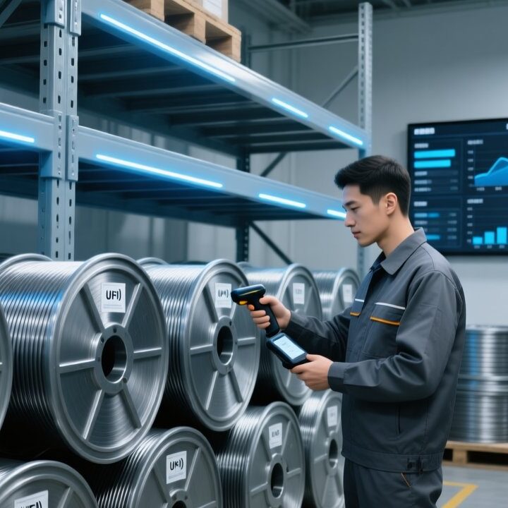 Professional warehouse scene showing RFID-tagged cable reels on metal shelving, handheld RFID scanner in use, and digital inventory dashboard display