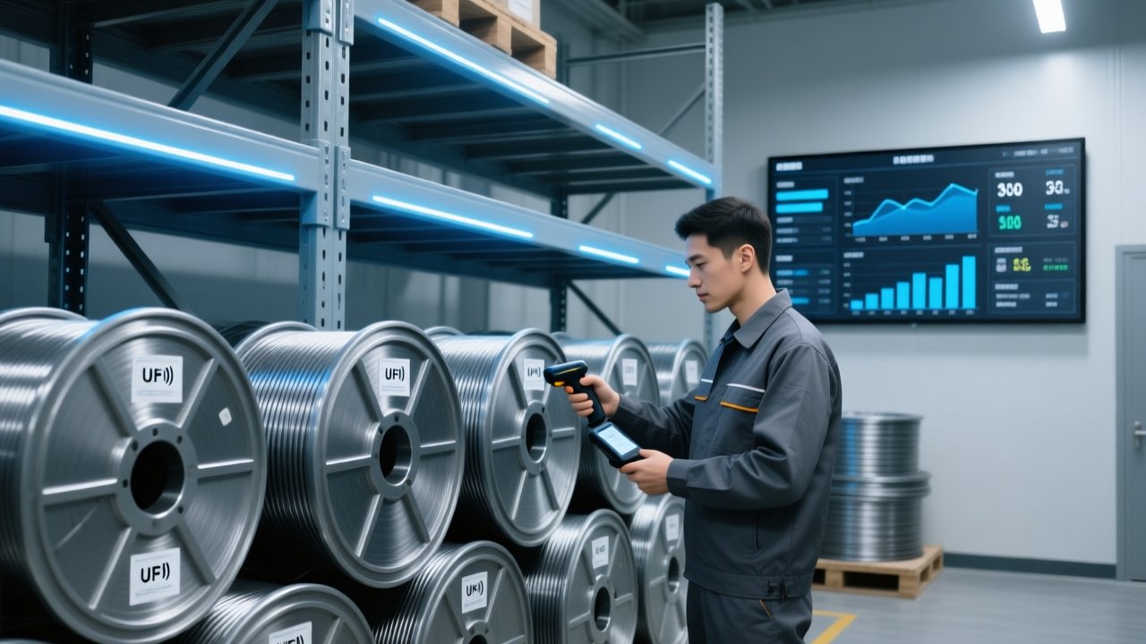Professional warehouse scene showing RFID-tagged cable reels on metal shelving, handheld RFID scanner in use, and digital inventory dashboard display