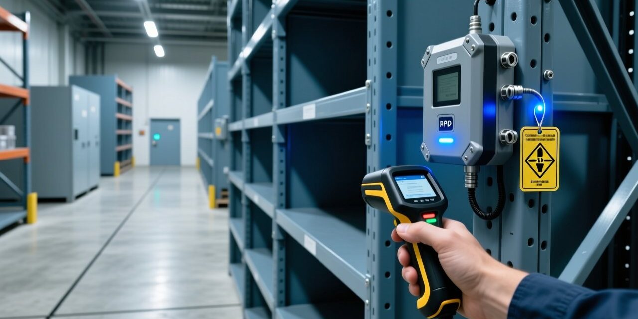 Professional industrial scene showing certified RFID tags on metal assets, handheld scanner, and fixed RFID reader in a clean, well-lit warehouse environment