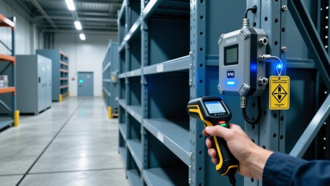 Professional industrial scene showing certified RFID tags on metal assets, handheld scanner, and fixed RFID reader in a clean, well-lit warehouse environment