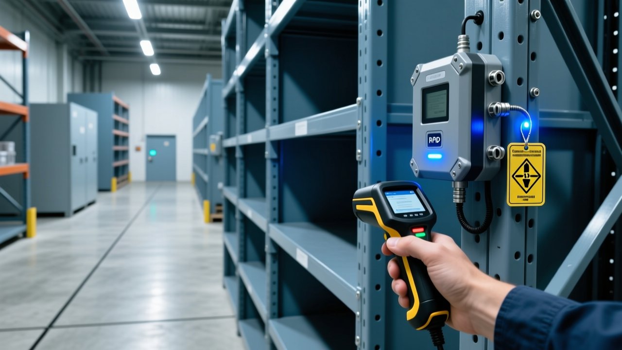 Professional industrial scene showing certified RFID tags on metal assets, handheld scanner, and fixed RFID reader in a clean, well-lit warehouse environment