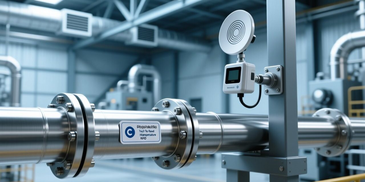 Professional industrial scene showing high temperature RFID tags mounted on refinery piping, with fixed RFID reader and antenna visible in background