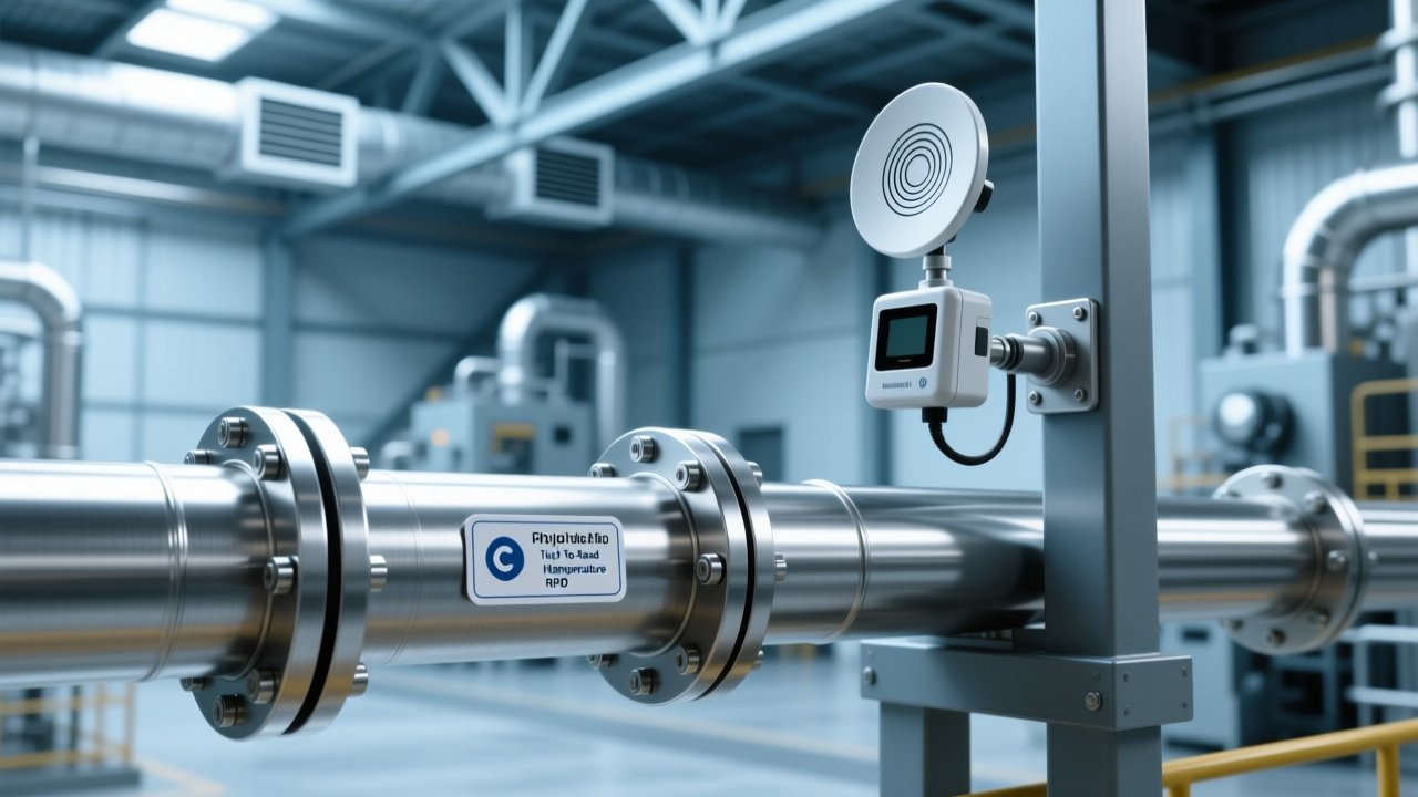 Professional industrial scene showing high temperature RFID tags mounted on refinery piping, with fixed RFID reader and antenna visible in background