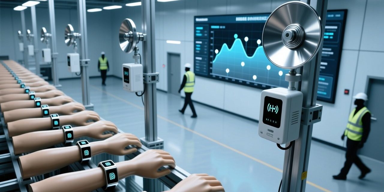 Professional overhead view of RFID-enabled crowd management system with wristbands, fixed readers, and digital dashboard in clean industrial setting