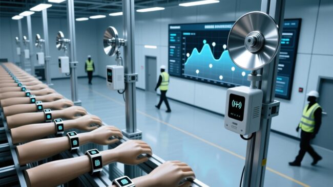 Professional overhead view of RFID-enabled crowd management system with wristbands, fixed readers, and digital dashboard in clean industrial setting