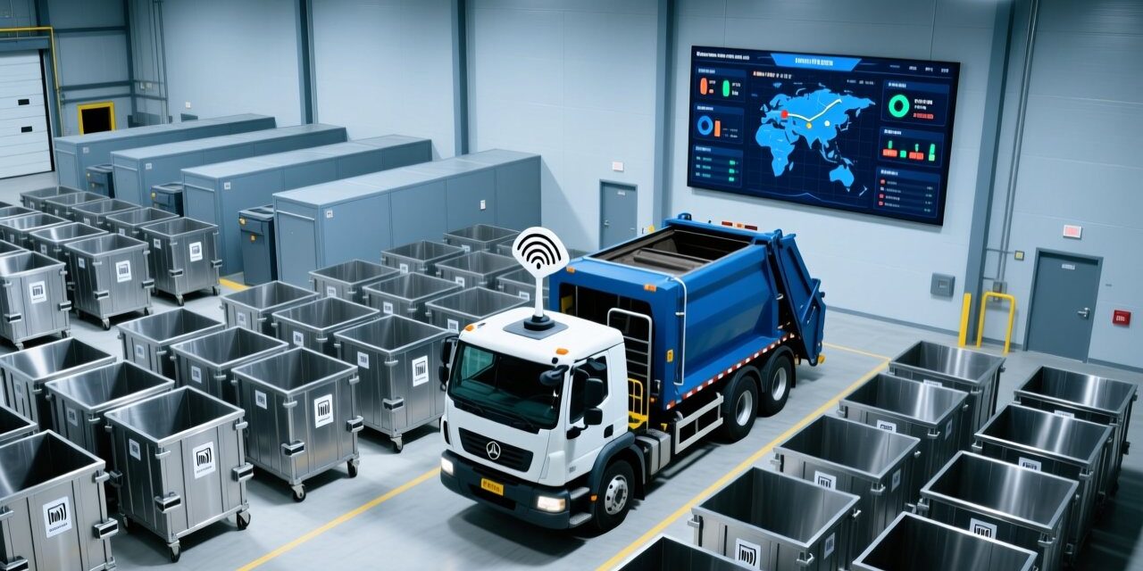 Professional overhead view of modern waste management facility with RFID-tagged bins, mounted UHF RFID reader on truck, and digital operations dashboard