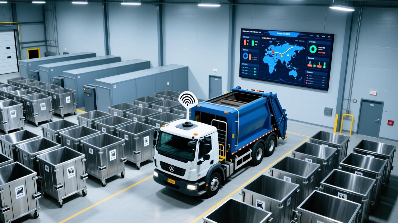Professional overhead view of modern waste management facility with RFID-tagged bins, mounted UHF RFID reader on truck, and digital operations dashboard