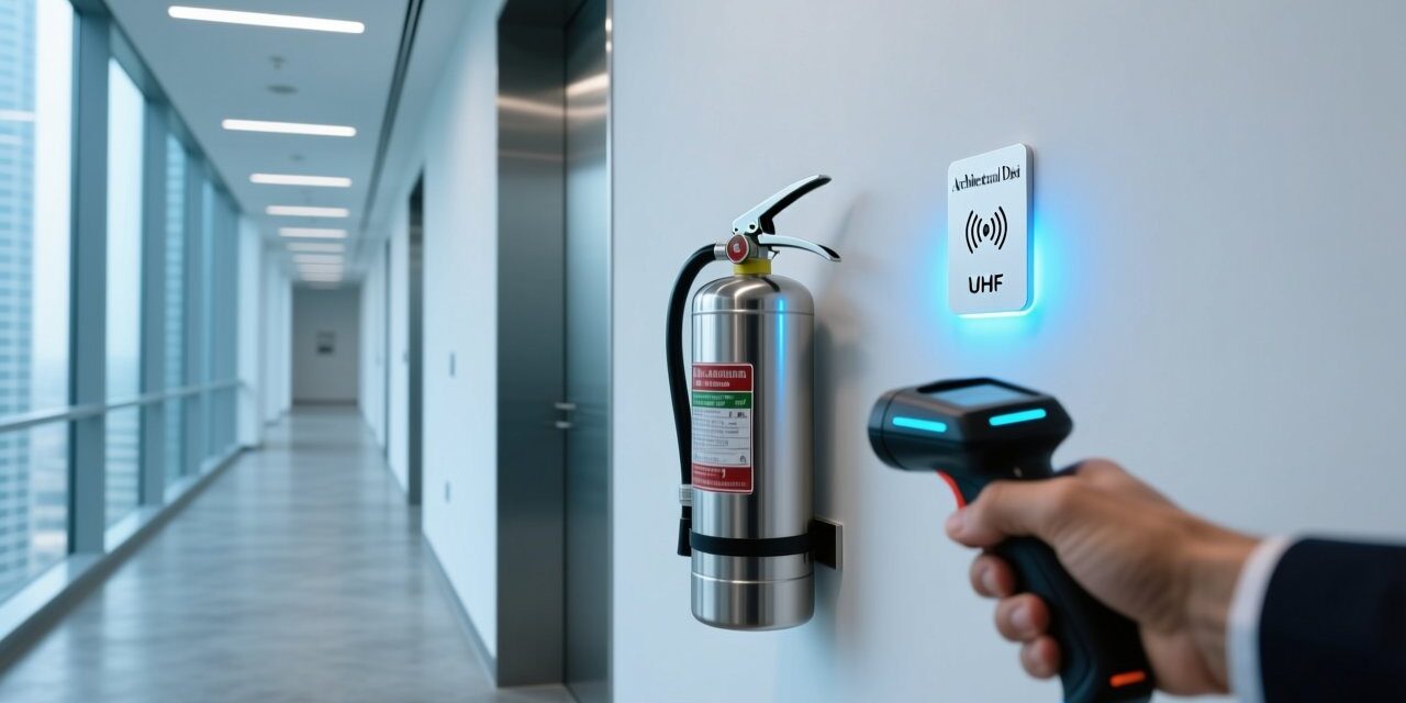Professional close-up of UHF RFID tag mounted on fire extinguisher cylinder in modern UAE high-rise corridor, with handheld RFID scanner nearby