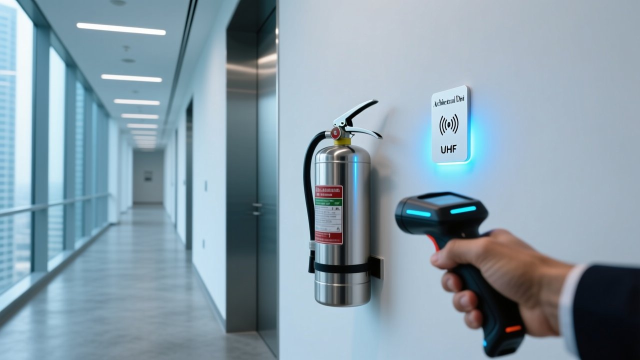 Professional close-up of UHF RFID tag mounted on fire extinguisher cylinder in modern UAE high-rise corridor, with handheld RFID scanner nearby