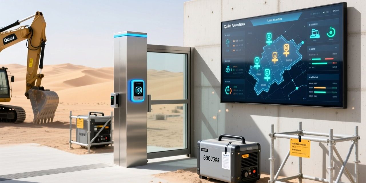 Professional construction site with RFID readers mounted at gate, tagged equipment in foreground, digital dashboard showing real-time asset locations