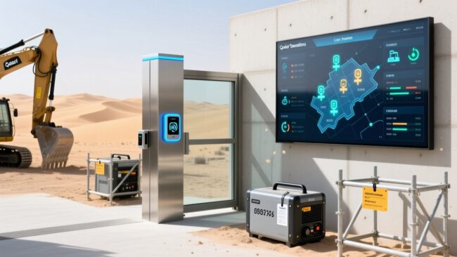 Professional construction site with RFID readers mounted at gate, tagged equipment in foreground, digital dashboard showing real-time asset locations