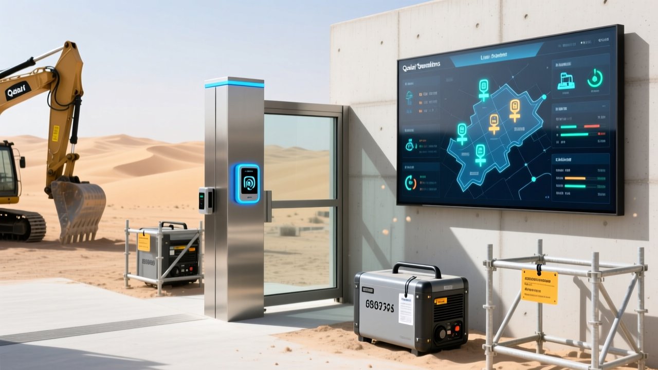 Professional construction site with RFID readers mounted at gate, tagged equipment in foreground, digital dashboard showing real-time asset locations