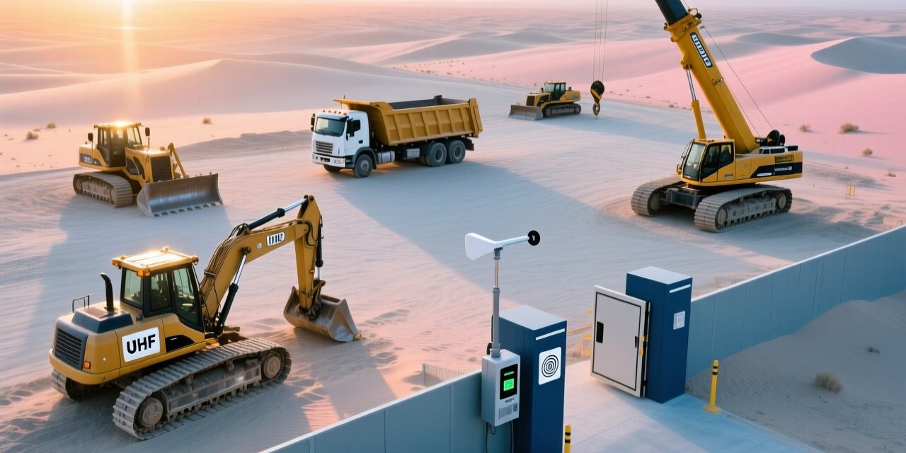 Professional aerial view of desert construction site with RFID-enabled heavy vehicles, rugged UHF RFID tags visible on equipment, industrial RFID reader mounted at gateway