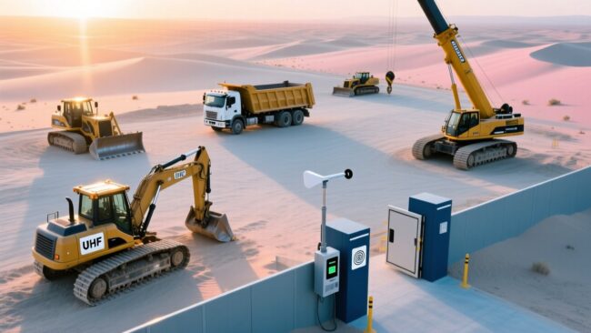 Professional aerial view of desert construction site with RFID-enabled heavy vehicles, rugged UHF RFID tags visible on equipment, industrial RFID reader mounted at gateway