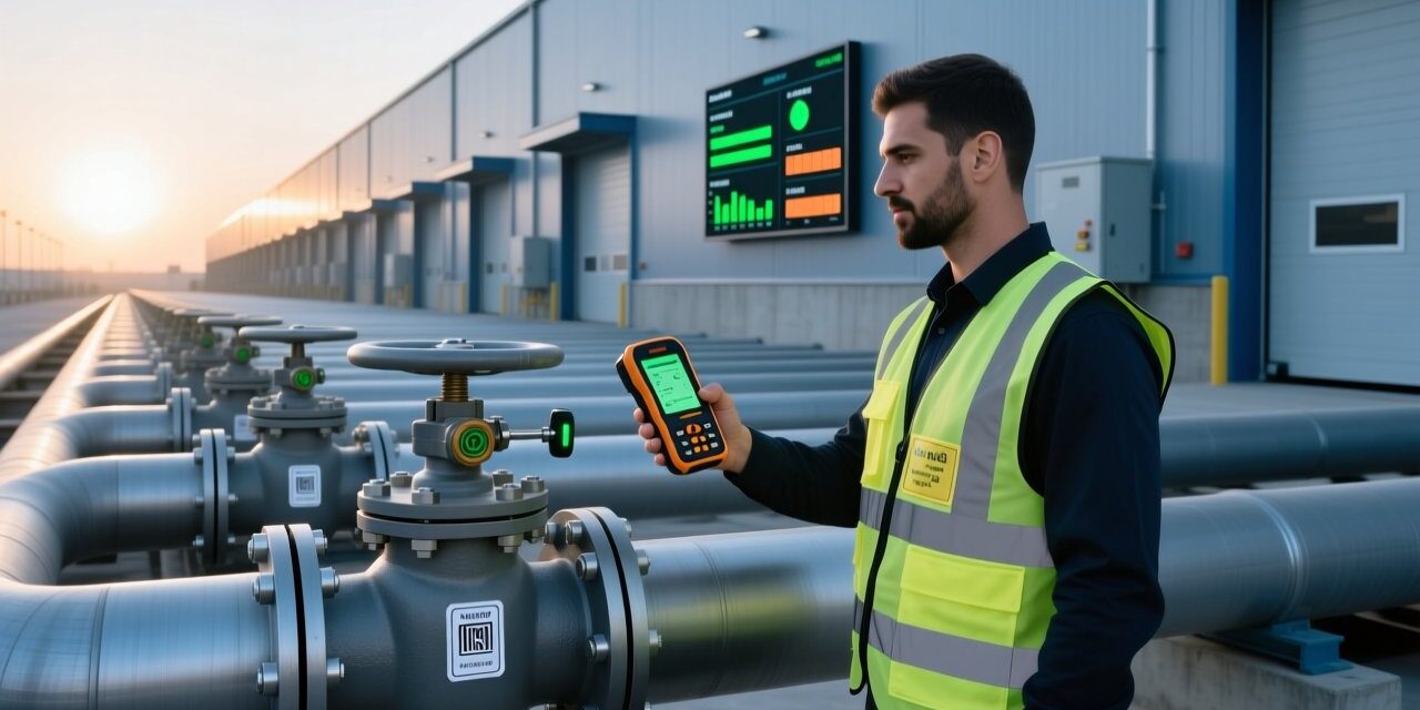 Professional industrial scene showing RFID-tagged steel pipes and valves in an organized yard, with handheld RFID scanner and digital dashboard visible