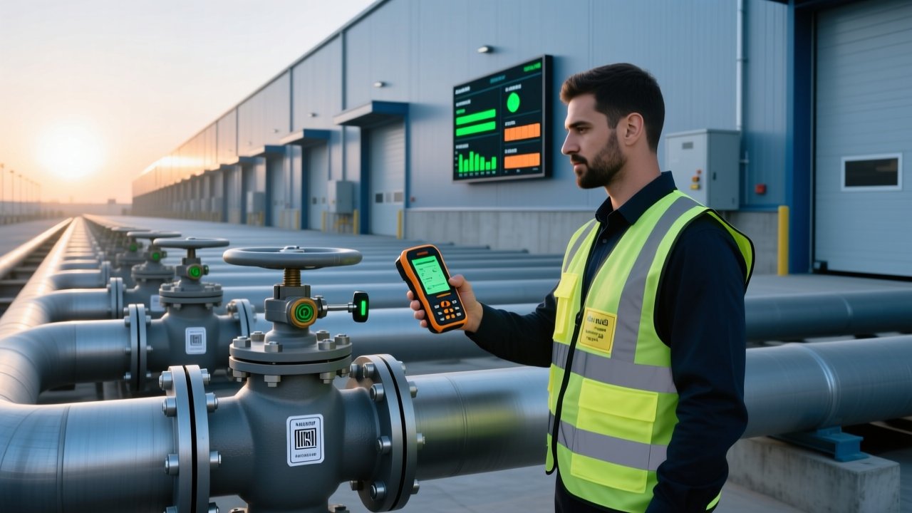 Professional industrial scene showing RFID-tagged steel pipes and valves in an organized yard, with handheld RFID scanner and digital dashboard visible