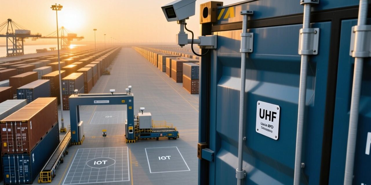 Professional aerial view of Jebel Ali Port with RFID readers at container gates and UHF RFID tags mounted on shipping containers