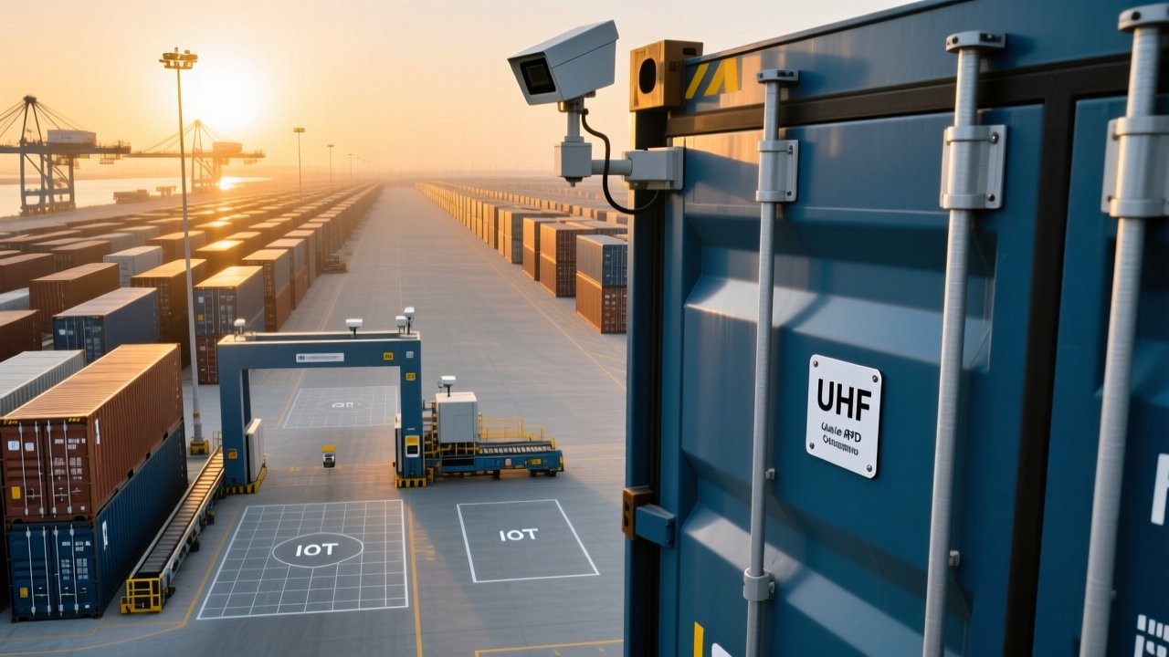 Professional aerial view of Jebel Ali Port with RFID readers at container gates and UHF RFID tags mounted on shipping containers