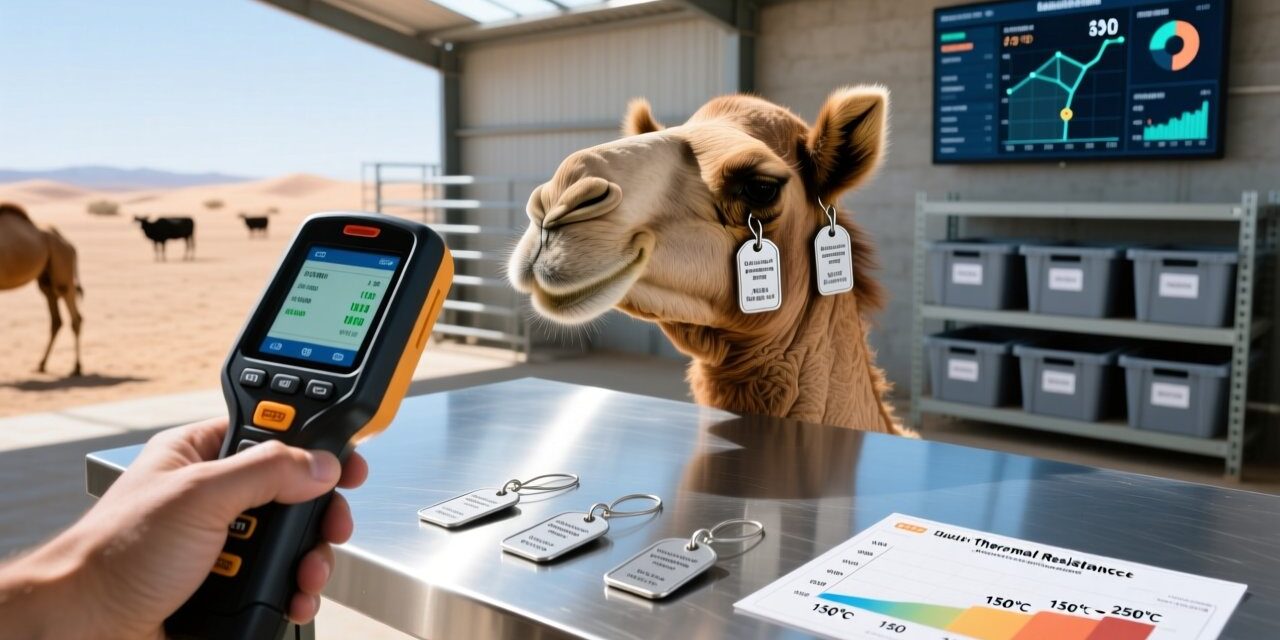 Professional overhead shot of RFID ear tags on camel ears in desert environment, with handheld RFID scanner and thermal-resilient tag samples on clean workbench