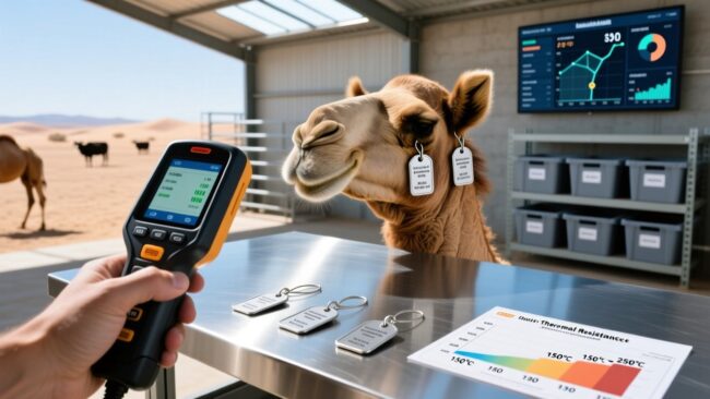 Professional overhead shot of RFID ear tags on camel ears in desert environment, with handheld RFID scanner and thermal-resilient tag samples on clean workbench