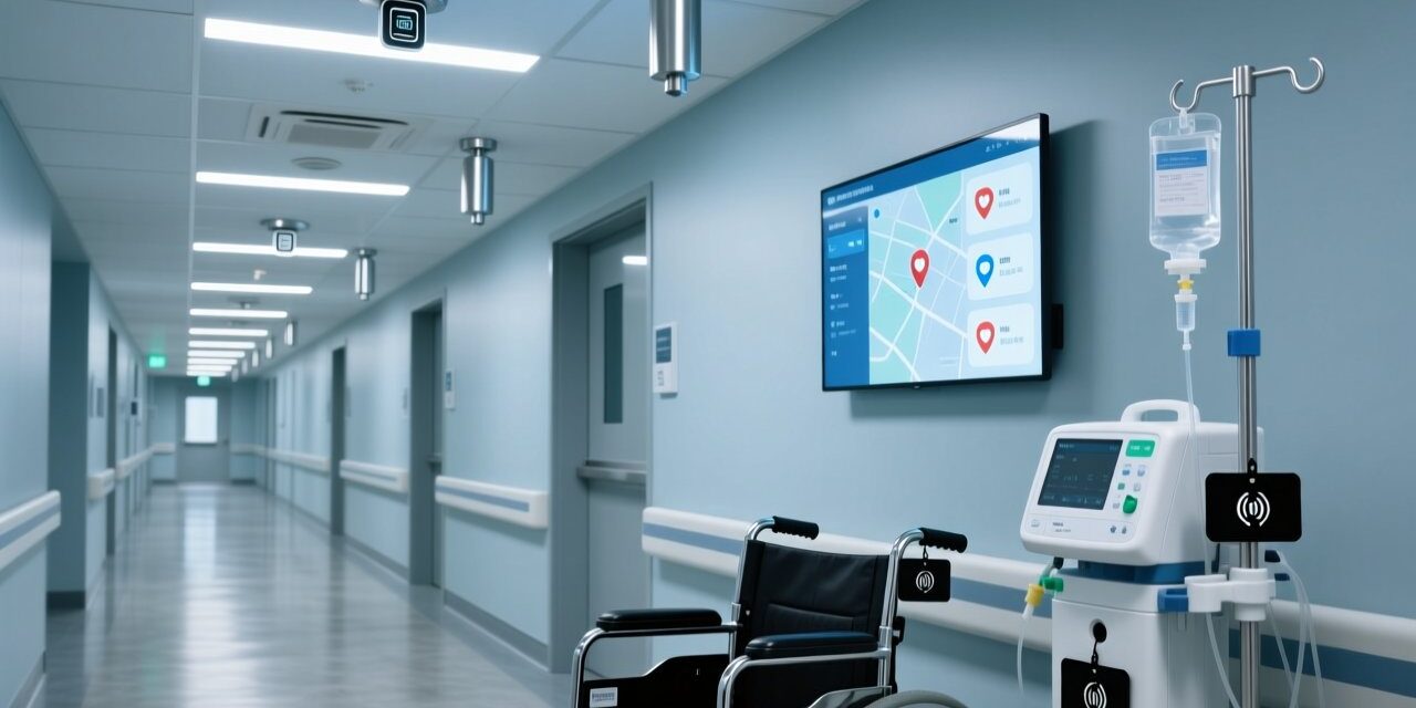 Professional healthcare setting with RFID readers, tagged hospital wheelchair and infusion pump, clean modern hospital corridor, blue-gray corporate palette