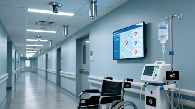 Professional healthcare setting with RFID readers, tagged hospital wheelchair and infusion pump, clean modern hospital corridor, blue-gray corporate palette