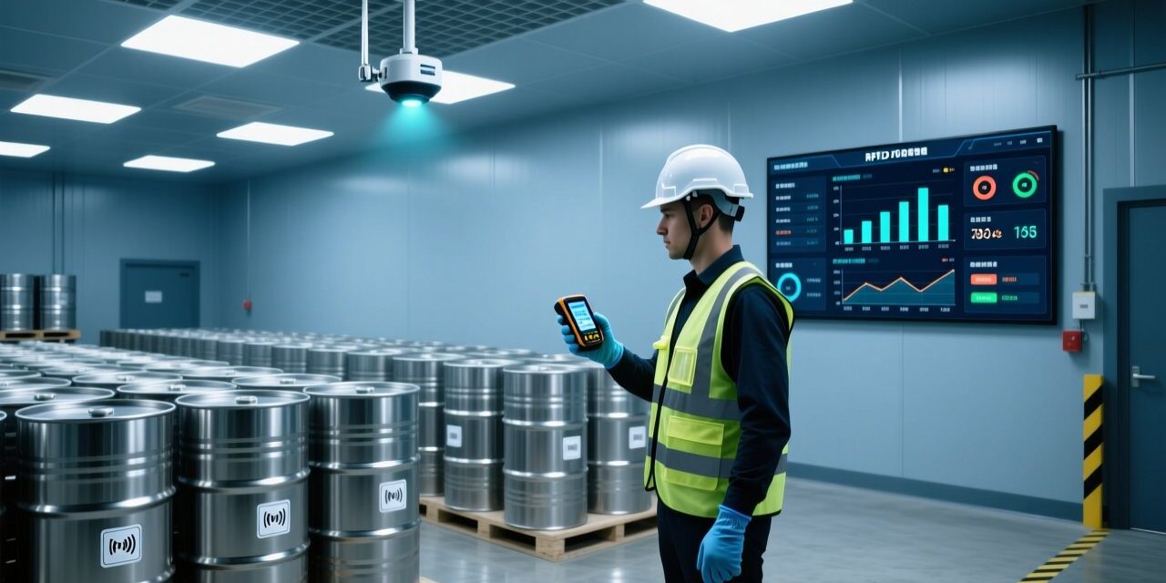 Professional warehouse scene showing RFID-enabled chemical drums, fixed RFID reader antenna, and handheld scanner in use