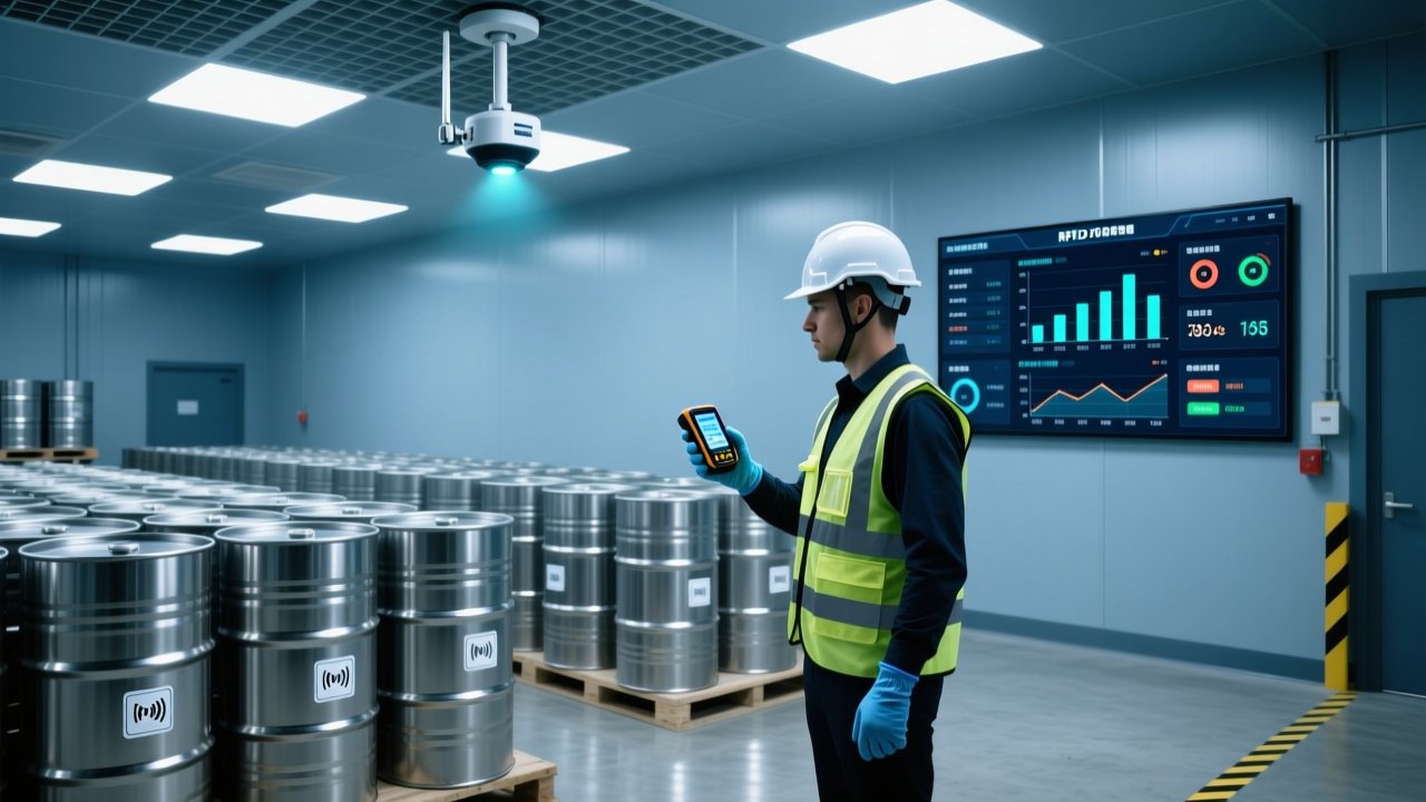 Professional warehouse scene showing RFID-enabled chemical drums, fixed RFID reader antenna, and handheld scanner in use