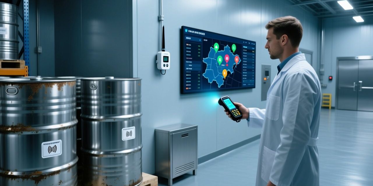 Professional industrial scene showing corrosion-resistant RFID tags on chemical drums, UHF RFID reader scanning, clean warehouse background with digital dashboard