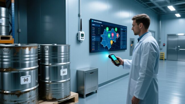 Professional industrial scene showing corrosion-resistant RFID tags on chemical drums, UHF RFID reader scanning, clean warehouse background with digital dashboard