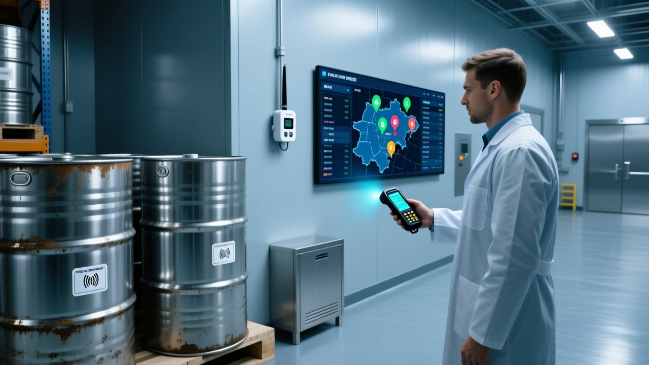 Professional industrial scene showing corrosion-resistant RFID tags on chemical drums, UHF RFID reader scanning, clean warehouse background with digital dashboard