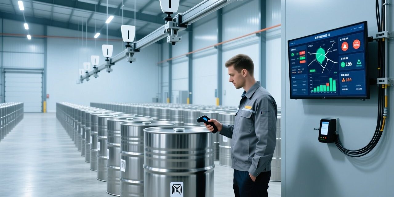 Professional industrial scene showing RFID-tagged chemical drums on metal pallets, handheld RFID scanner in use, clean warehouse background with digital dashboard display