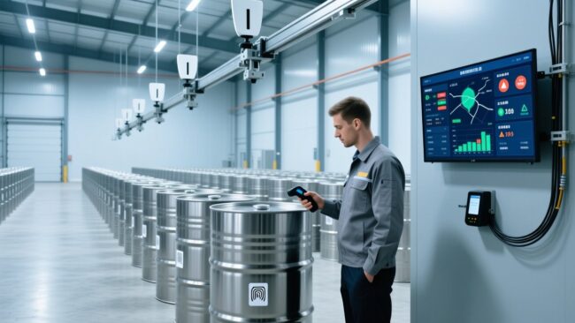 Professional industrial scene showing RFID-tagged chemical drums on metal pallets, handheld RFID scanner in use, clean warehouse background with digital dashboard display
