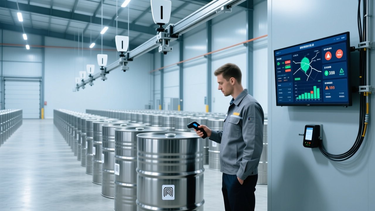 Professional industrial scene showing RFID-tagged chemical drums on metal pallets, handheld RFID scanner in use, clean warehouse background with digital dashboard display