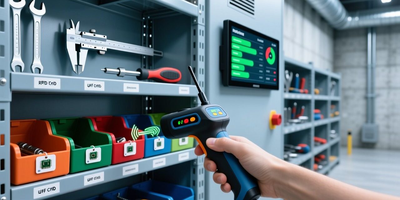 Professional warehouse interior with RFID tool crib system: metal shelving, handheld RFID scanner, tagged tools, digital dashboard, clean blue-gray lighting