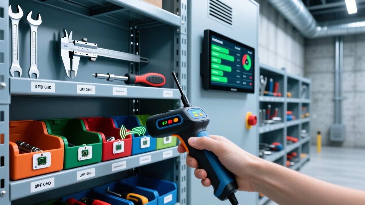 Professional warehouse interior with RFID tool crib system: metal shelving, handheld RFID scanner, tagged tools, digital dashboard, clean blue-gray lighting