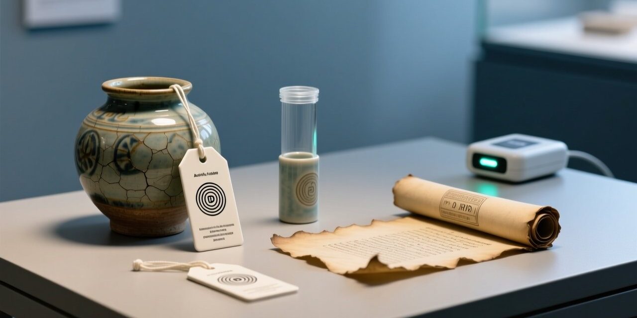 Professional studio shot of archival RFID tags placed beside ancient ceramic vessel and manuscript fragment, with subtle RFID reader glow, clean blue-gray background