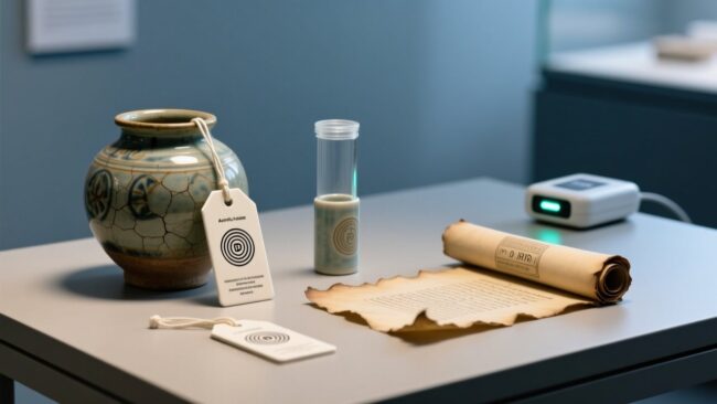 Professional studio shot of archival RFID tags placed beside ancient ceramic vessel and manuscript fragment, with subtle RFID reader glow, clean blue-gray background