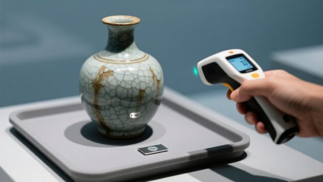 Professional studio photo of museum artifact RFID tagging: ceramic vase with discreet HF RFID inlay, handheld scanner, clean background, blue-gray palette